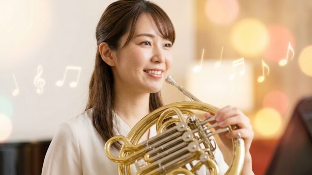 笑顔でホルンを持つ日本人の初心者女性。音楽教室での楽しいレッスン開始のイメージ。