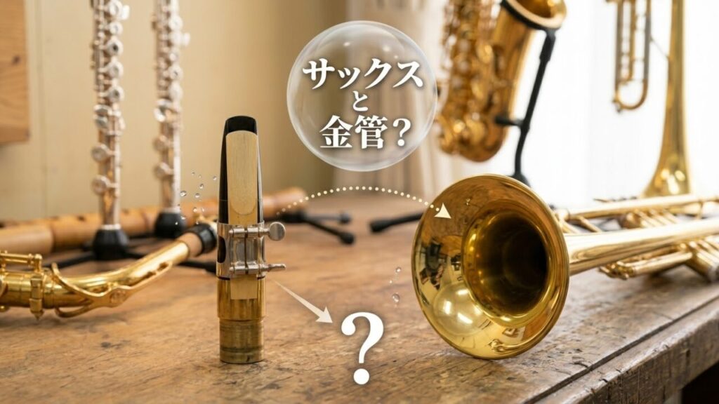 サックスのマウスピースとトランペットのベルを対比させたアイキャッチ写真。金属製だが木管楽器であるサックスと、純粋な金管楽器であるトランペットの構造の違いを視覚的に強調。19世紀の音楽史と流体力学の謎を解き明かす、フォトリアリスティックな構図。