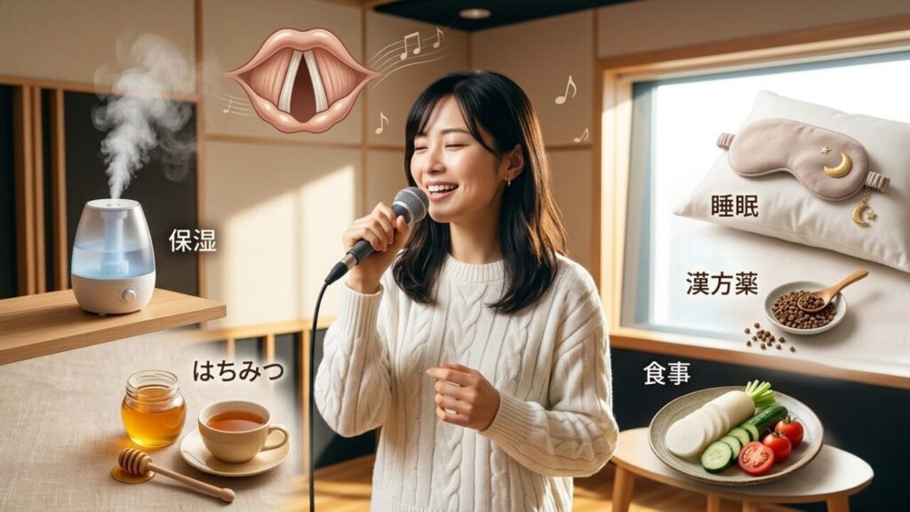 マイクを握り、真剣に歌う日本人女性ボーカリスト。彼女の周囲には、加湿器、はちみつ、漢方薬、新鮮な食材、安眠用のマスクが実写で配置され、包括的な喉ケアを表現している。