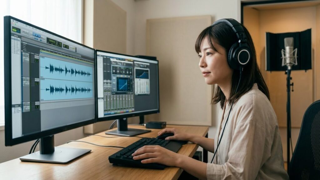 自宅スタジオで真剣な表情でボーカルミックスの作業をする日本人女性。透明感のあるサウンドを追求する様子。