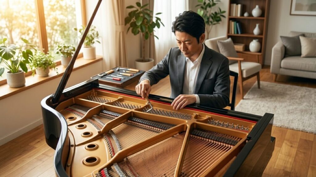 明るい家庭のリビングルームで、グランドピアノの内部にあるチューニングピンを精密に調整する日本人のプロ調律師。木目調の内装と、複雑な弦の機構に当たる自然光が特徴。