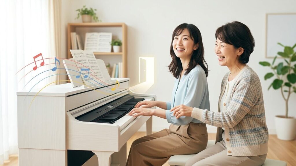 明るい音楽スタジオで、笑顔で初めてピアノの鍵盤に触れる大人の日本人女性と、それを温かく見守る経験豊富なアジア人女性講師。不安を解消し、新しい趣味の第一歩を踏み出す様子。