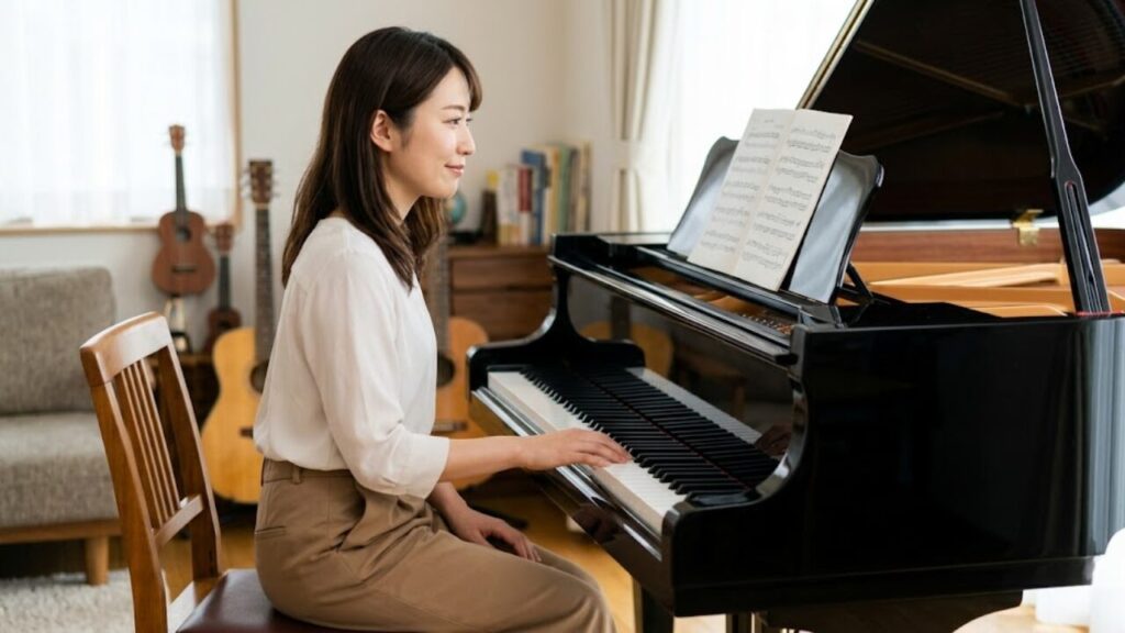 ピアノを弾くことに憧れる女性（ことは）が、自宅で楽譜を見ながらピアノ演奏に思いを馳せる様子