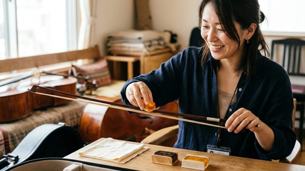 笑顔でチェロの弓に琥珀色の松脂を塗っている女性（日本人、運営者）のクローズアップ写真。手元にはライト系とダーク系の松脂、クロスが置かれ、自然な光に包まれている。