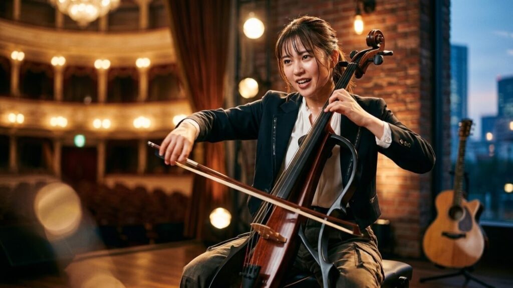 ステージでチェロを情熱的に演奏する女性チェリストのダイナミックなクローズアップショット。