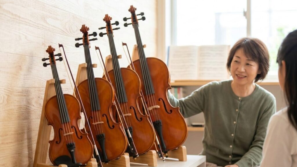 音楽教室に並ぶ、異なるサイズの子供用分数チェロとフルサイズチェロ。身長に合わせて選ぶ様子を表現。