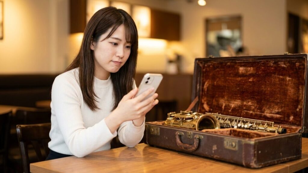中古サックスの購入を迷い、スマートフォンでフリマアプリの画面を見つめる日本人女性。彼女の横にはアンティークな雰囲気のアルトサックスが置かれている。