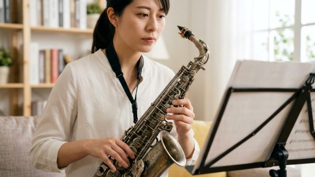 アルトサックスの複雑なキイに指を乗せようと集中する初心者の日本人女性。自宅の明るいリビングで練習する様子。