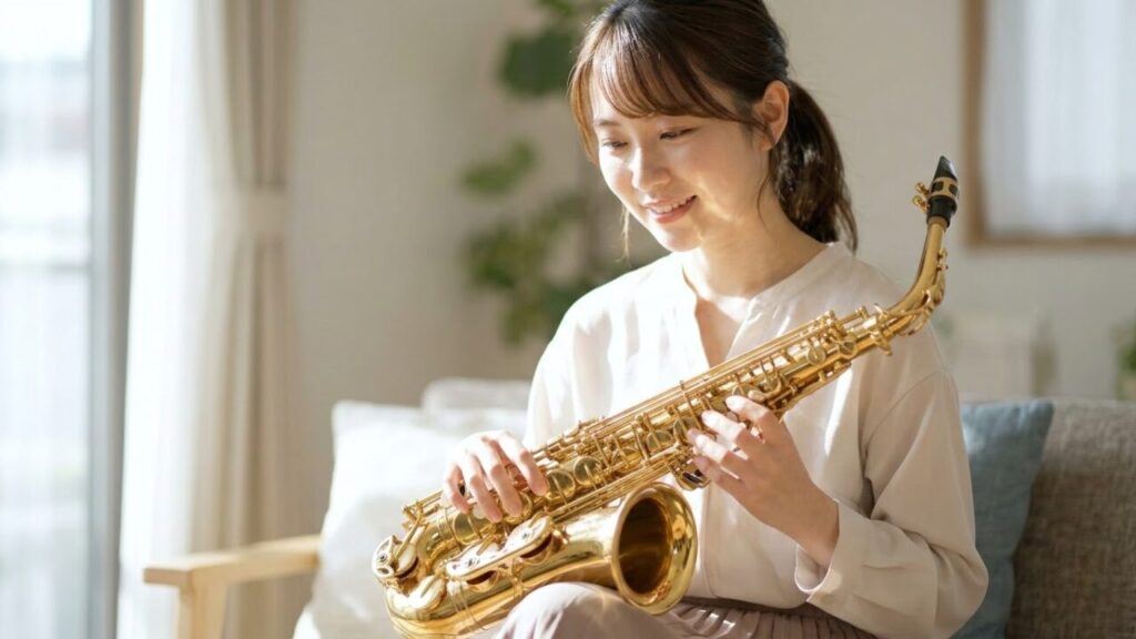 サックス独学を始める日本人女性。室内でアルトサックスを膝に置き、指を添えて笑顔を見せる。初心者向けのイメージ。