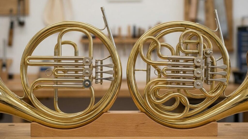 ガイヤータイプ(左)とクルスぺタイプ(右)のホルンの巻き方の違いを比較する写真。