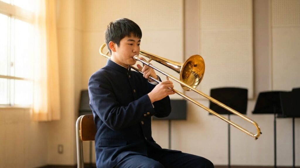 教室でトロンボーンを練習する日本人高校生男子