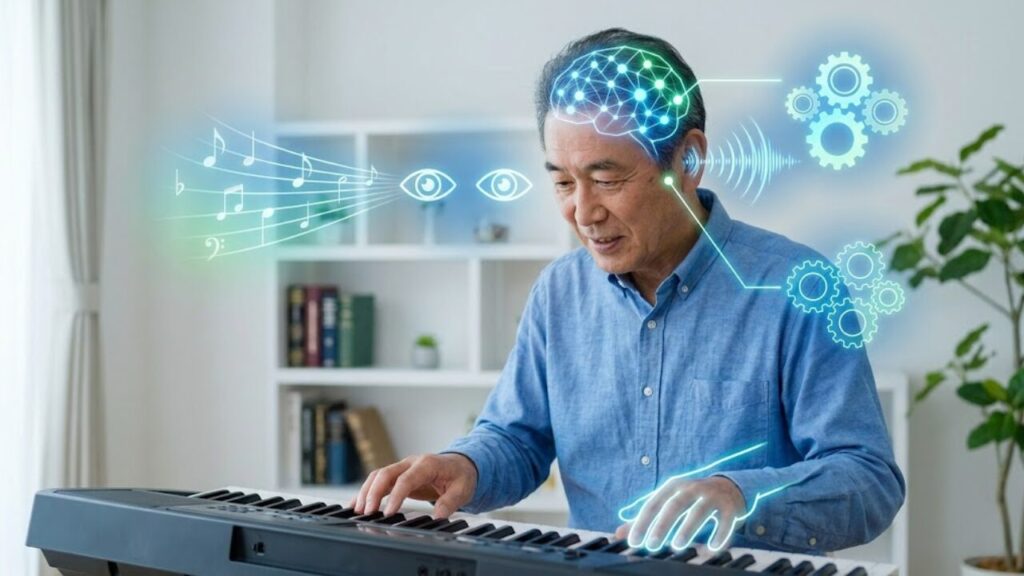 シニアの日本人がキーボードを演奏し、脳が活性化している様子を概念的に表現した画像。視覚、聴覚、運動、記憶の連携を光のグラフィックで示す。