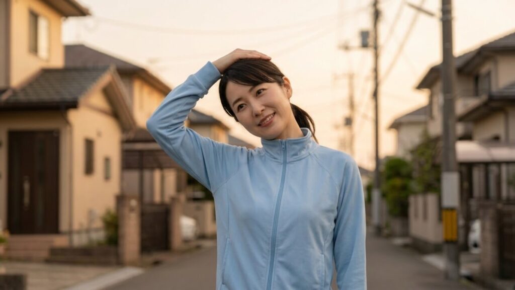ボーカルの発声前のウォームアップとして、スタジオで首のストレッチを行う日本人女性。