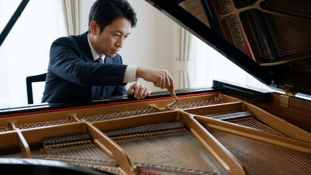 グランドピアノの内部で、チューニングハンマーを使って弦の張力を精密に微調整する日本人の調律師。木製部品や金属フレームが複雑に組み合わさっている様子が分かる。