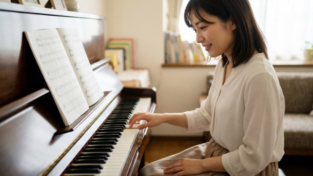 ピアノ初心者の日本人女性が、自宅で和音を省略した右手のみの練習を楽しみながら、上達を感じている様子