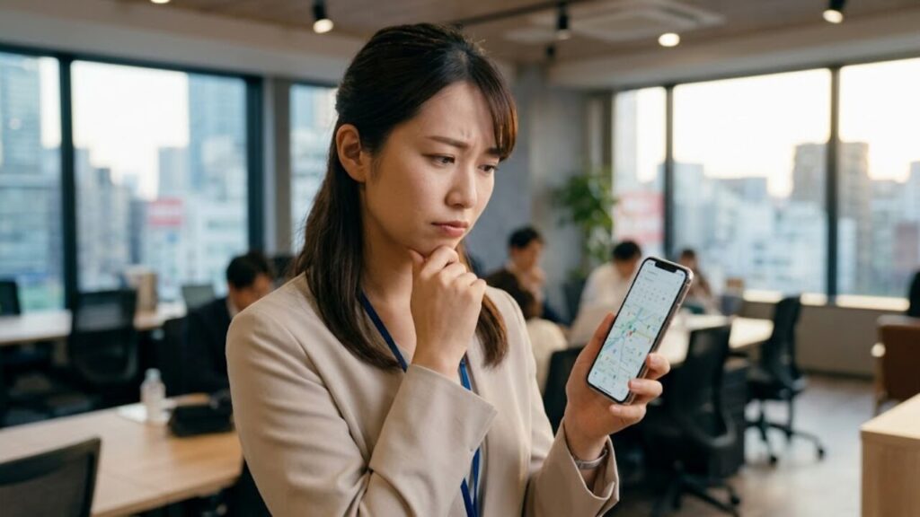 大阪の忙しいオフィスで、スマートフォンを見ながら音楽教室選びに悩む大人の初心者女性。仕事と趣味の両立を模索する様子。