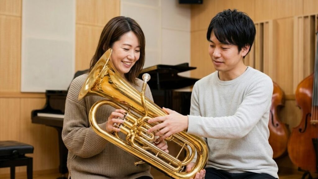 ユーフォニアム教室で日本人講師から指使いの指導を受ける、大人の女性の初心者。