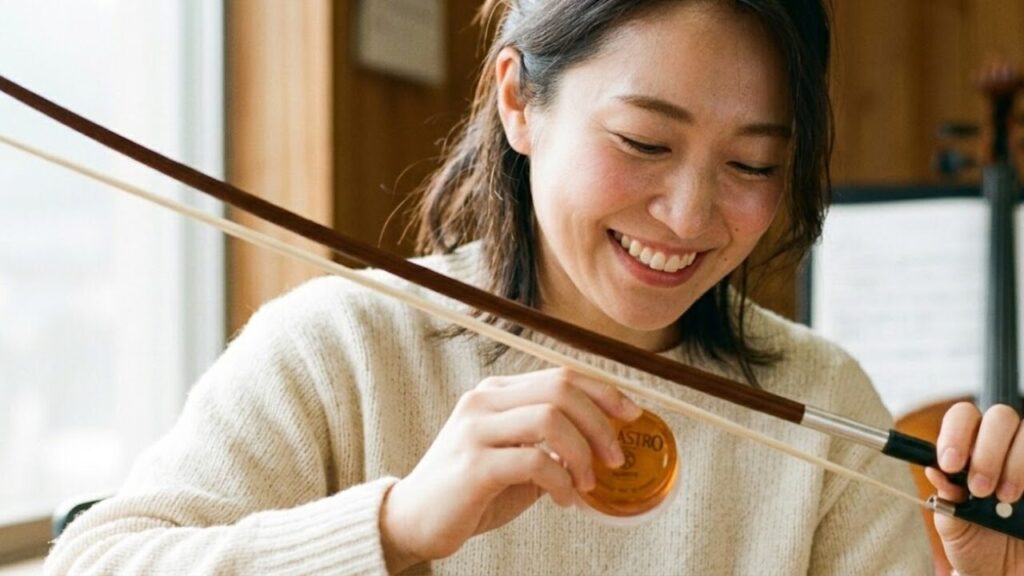 チェロの弓の毛が弦を捉え、松脂の粒子が摩擦を生み出している瞬間のクローズアップ写真。