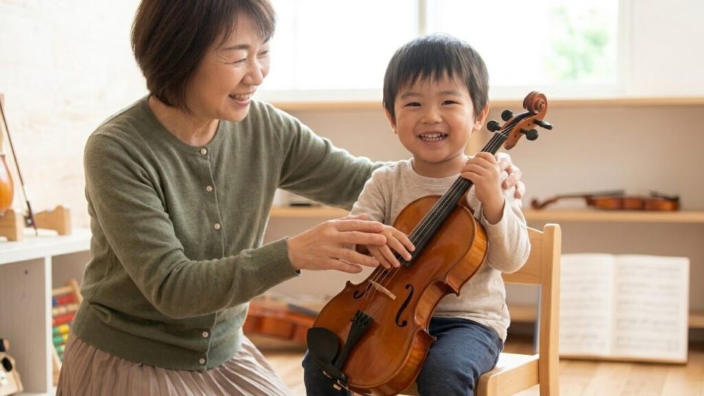 分数チェロを笑顔で構える小さな日本人の男の子。早期音楽教育と自己肯定感を表現。