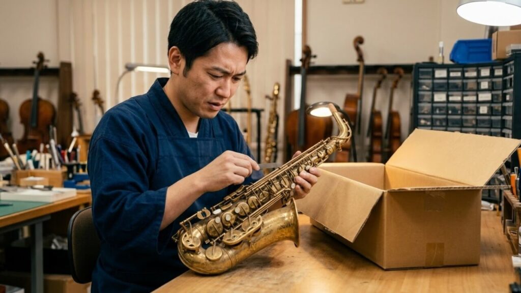 段ボール箱から取り出されたばかりのサックスを、不安そうな表情で点検する日本人男性。楽器は傷や汚れがあり、個人間取引のリスクを示唆している。