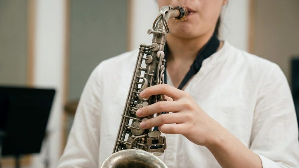 複雑な指の動きが必要なクロスフィンガリングに取り組む日本人男性のサックス奏者。練習室でのアップショット。