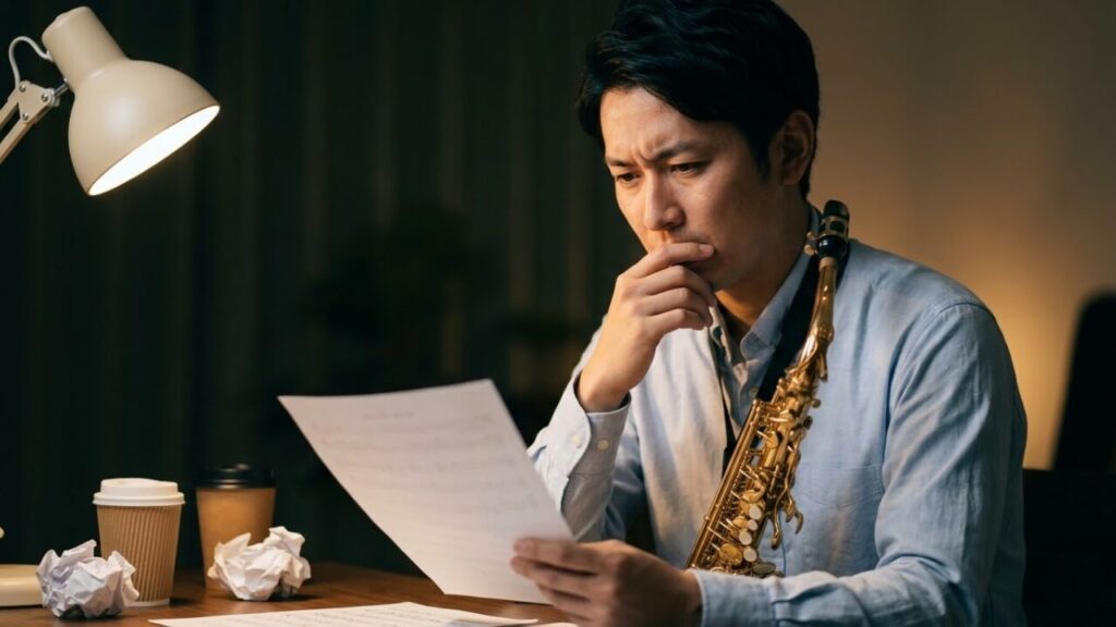 サックス独学に悩む日本人男性。室内で楽器を持ち、楽譜を見ながら少し困った表情を浮かべる。初心者の壁を表現。