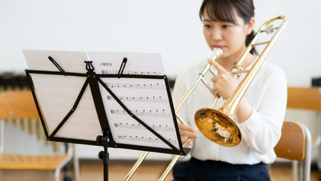 ハ音記号を用いたアルト譜表の楽譜。高音域の音符が五線譜内に収まっており、ヘ音記号（画像1）との違いが視覚的に理解できる。