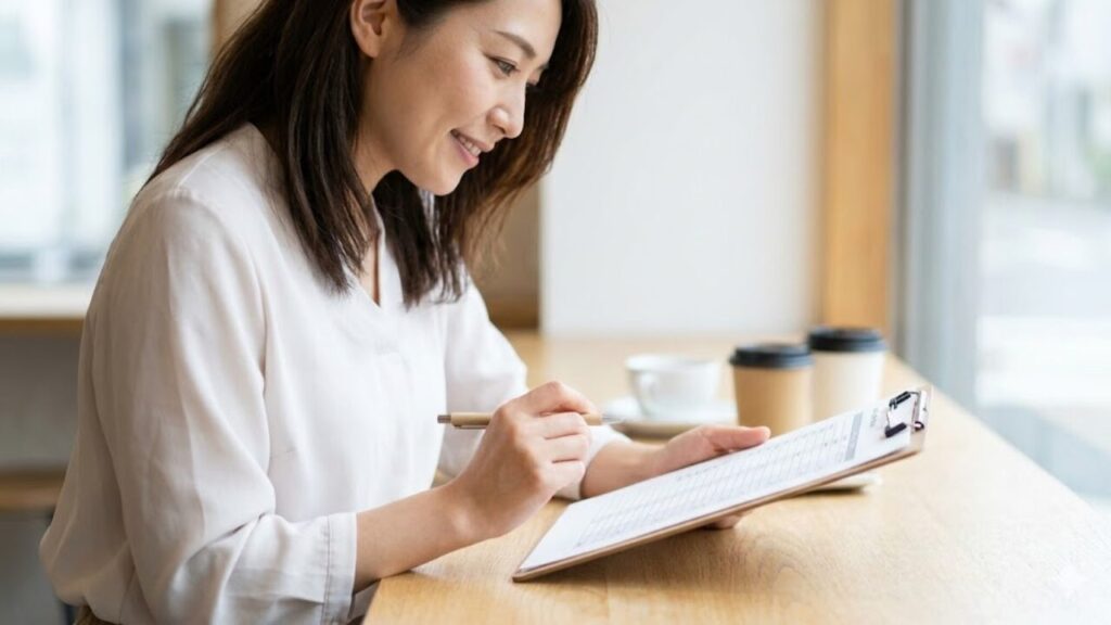 カフェでホルンレッスンの料金相場や月謝の計画を立てる日本人の大人の女性。