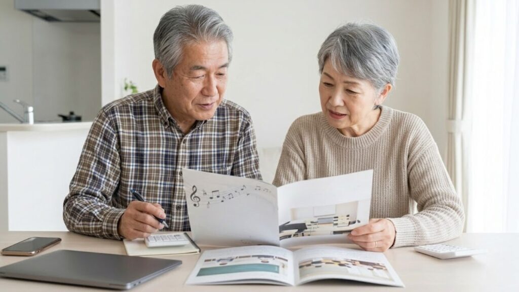 シニアの日本人がピアノ教室のパンフレットを見ながら、費用の計算や検討をしている様子。