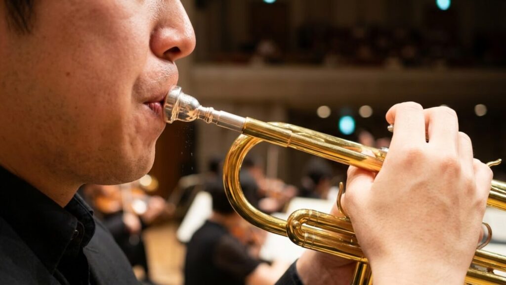 コンサートホールでトランペットを吹く日本人奏者の口元のアップ。金管楽器の定義である、唇の振動（リップリード）を利用して音を出す瞬間を捉えている。