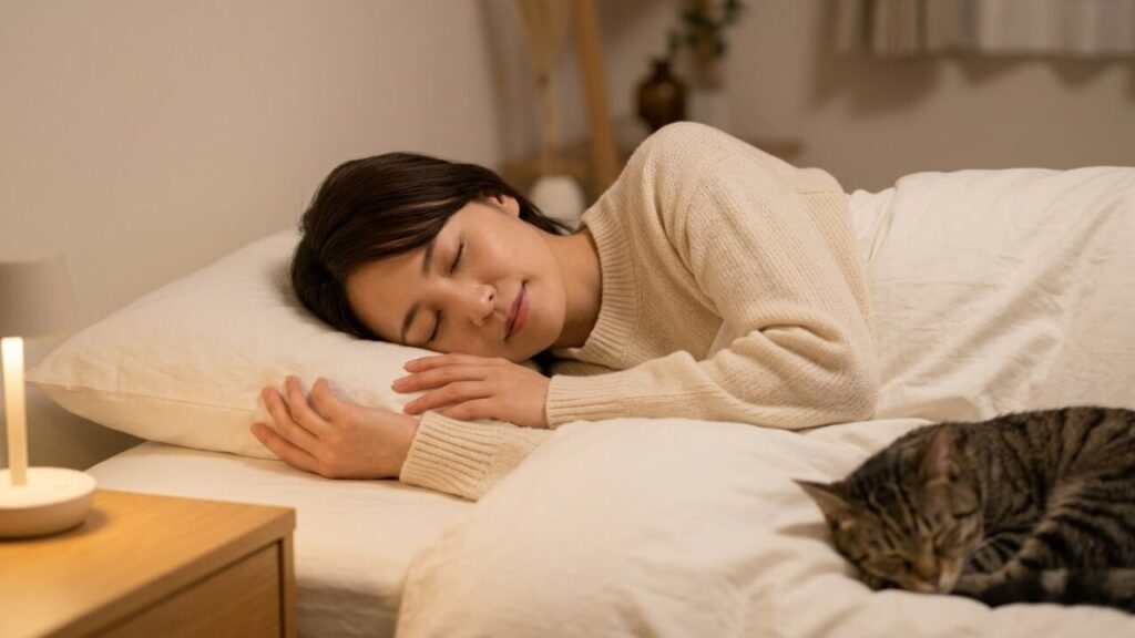 喉のケアと自律神経のために、快適な寝室で質の高い睡眠をとる日本人女性。