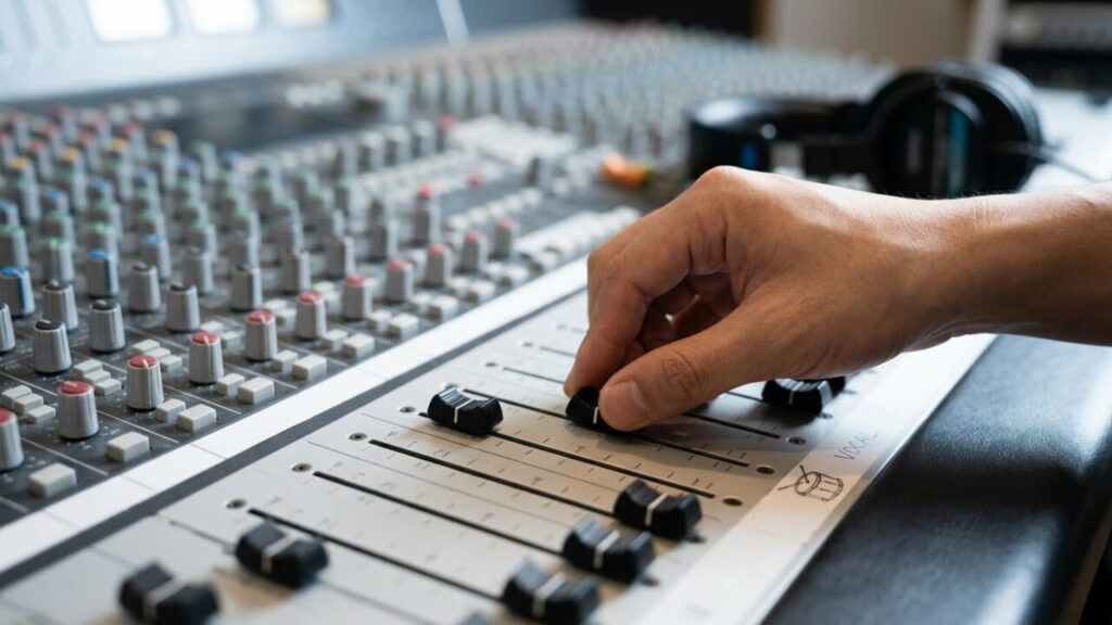 大型ミキシングコンソールのフェーダーを慎重に操作し、スネアドラムとボーカルの音量バランスを調整する日本人男性の手元。