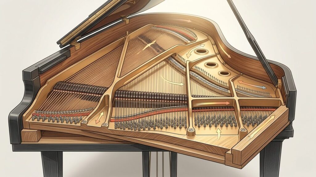 グランドピアノの内部構造を描いた概念図。数百本の弦が鉄骨フレームと響板に加える巨大な張力（約20トン）のバランスと分散の仕組みを、矢印と光で視覚的に解説している。