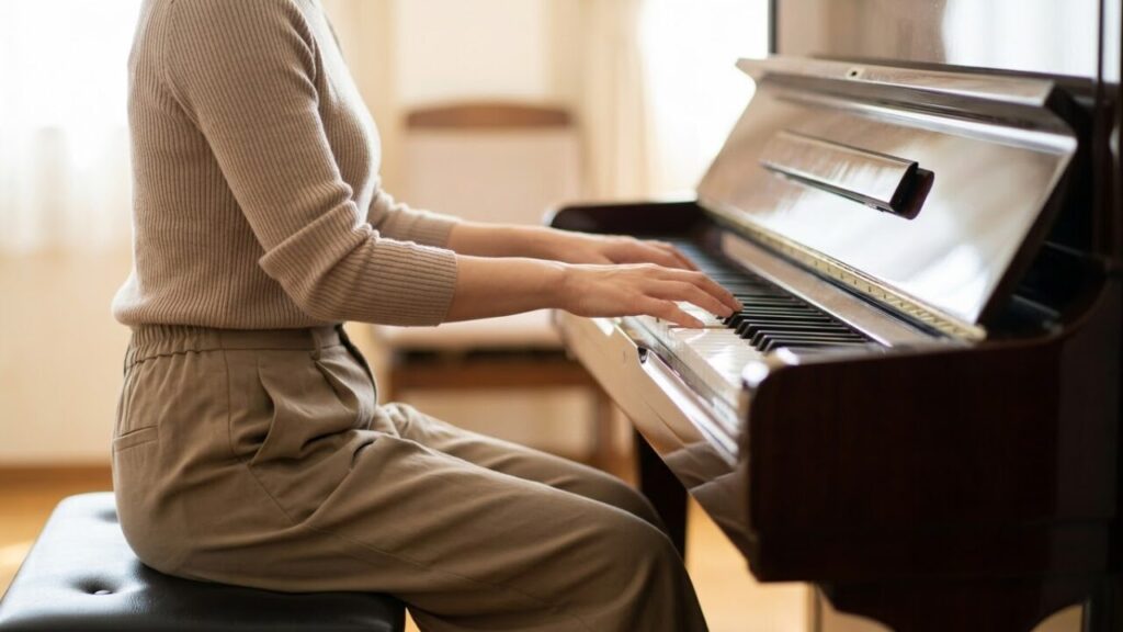 ピアノ体験レッスンにふさわしい動きやすい服装（ニットとパンツ）で、正しい姿勢で椅子に座る大人の日本人女性。