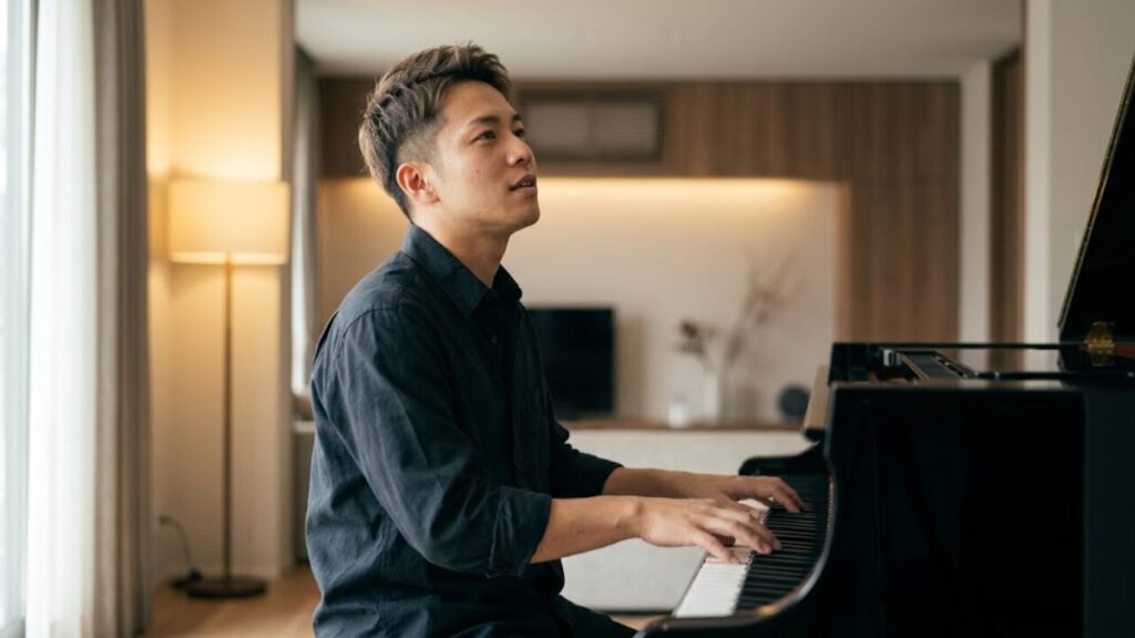 自宅のリビングで、感情を込めてJ-POPのラブソングをピアノで演奏する日本人男性の、かっこいい横顔と表情
