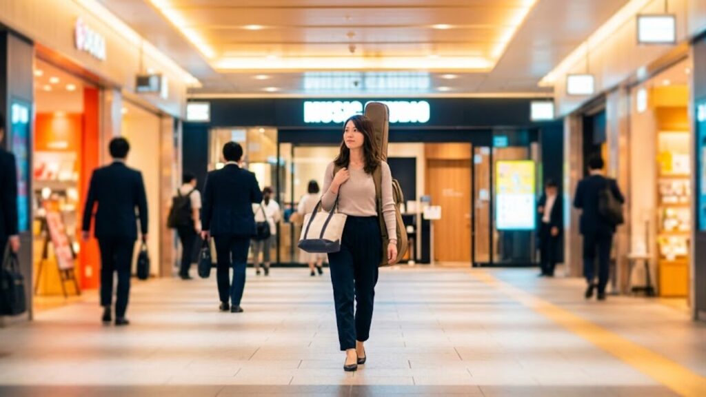 梅田の地下街を、ギターケースを背負って颯爽と歩く日本人女性。通勤ルートに音楽教室を組み込む理想的な生活動線のイメージ。