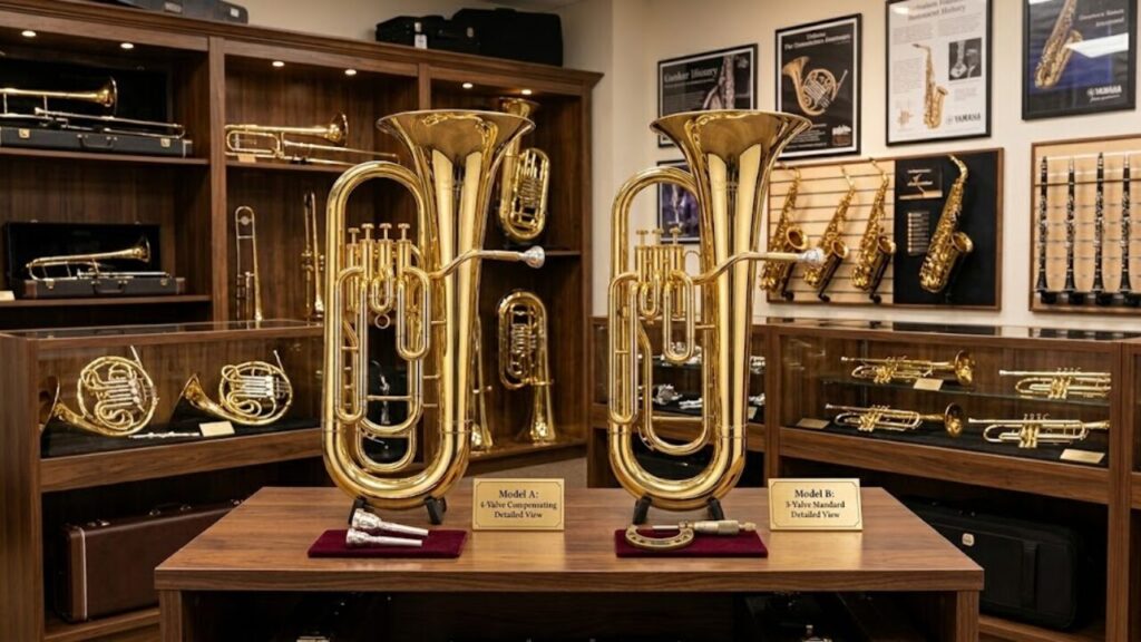 楽器店で比較される、シンプルな3ピストンと複雑なコンペンセイティングシステム付き4ピストンのユーフォニアム。