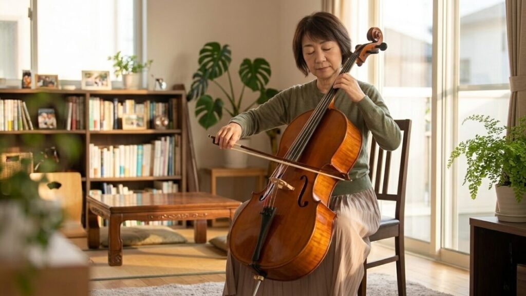 自宅リビングでチェロを演奏し、その響きに癒やされる日本人の大人の女性。豊かな表現力とリラックス効果を表現。