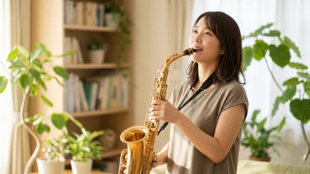サックス独学で曲が吹けるようになった日本人女性。室内で笑顔でアルトサックスを演奏し、上達の実感を表現。