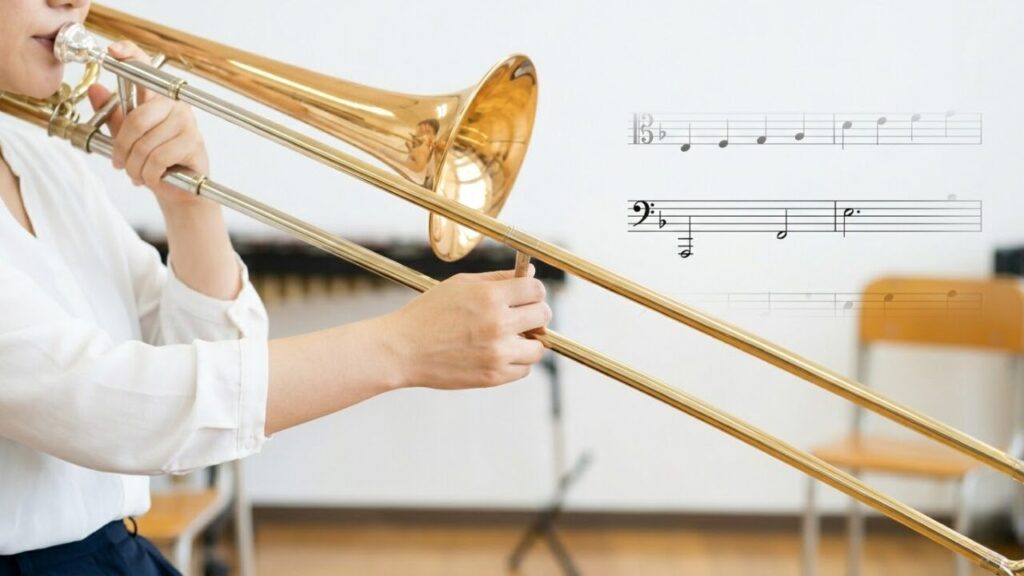 トロンボーンのスライドを伸ばし、第6ポジションで演奏する様子。遠いポジションの位置目安と身体の使い方が視覚的に示されている。