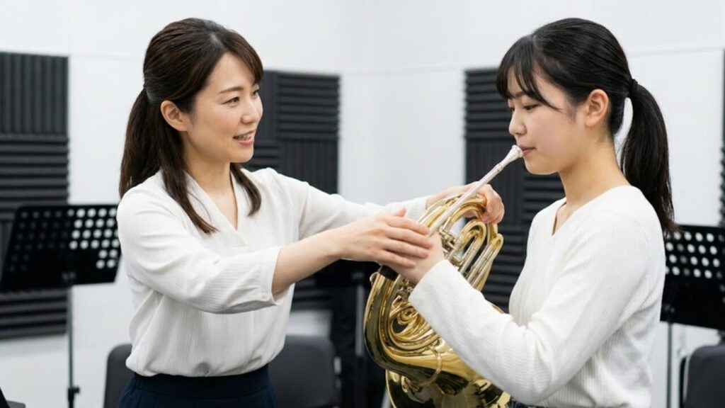 音楽スタジオで、日本人の先生からホルンの構え方や右手の入れ方の直接指導を受ける生徒。対面レッスンのイメージ。