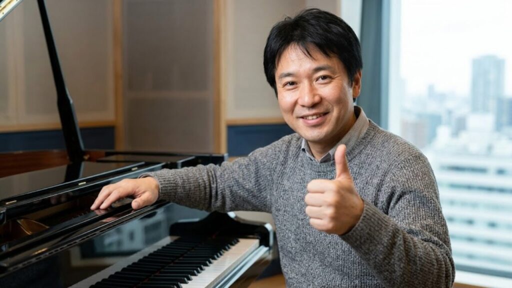 プロの日本人ピアノ講師が笑顔でサムズアップをする様子。高品質なレッスンの提供を象徴する。