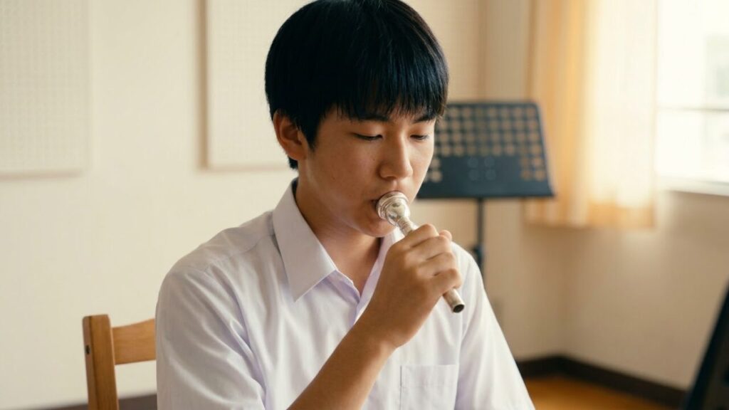 マウスピースのみでバズィングをする日本人高校生男子