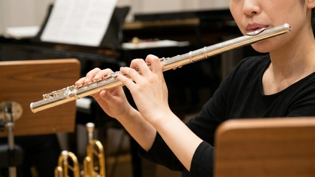 銀色のモダンフルートを奏でる日本人奏者の口元と手元。金属製だが、唇を振動させないエアリード機構により木管楽器に分類されることを示す。リハーサル室の自然光の中で撮影。