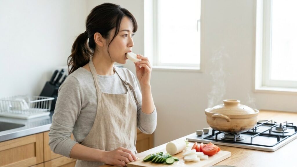 喉の粘膜保護のために、唾液分泌を促す野菜（大根、白菜）の入ったお鍋を食べる日本人女性。