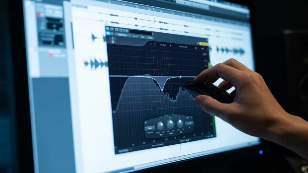 PC画面に表示されたEQプラグインの画面。特定の周波数帯域を減算（カット）してボーカルの濁りを取り除く様子。