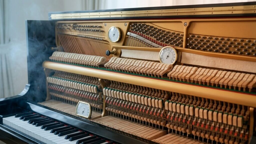 アップライトピアノの内部、弦と木製のアクション機構の近くに置かれた2つの温湿度計。日本の湿気（左）と乾燥（右）の環境変化が、ピアノの繊細な部品に与える影響を色と光で表している。