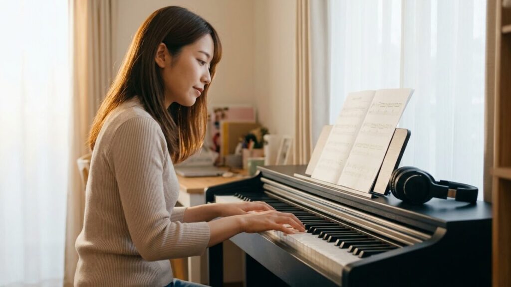 自宅のリビングに設置された最新の電子ピアノ（デジタルピアノ）で、ヘッドホンを使いながら練習する大人の日本人女性。コンパクトで現代的なデザイン。