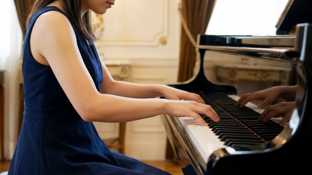 音楽サロンで、ショパンのノクターンを優雅に、そして繊細な指使いで演奏する日本人女性の、華やかなパフォーマンス