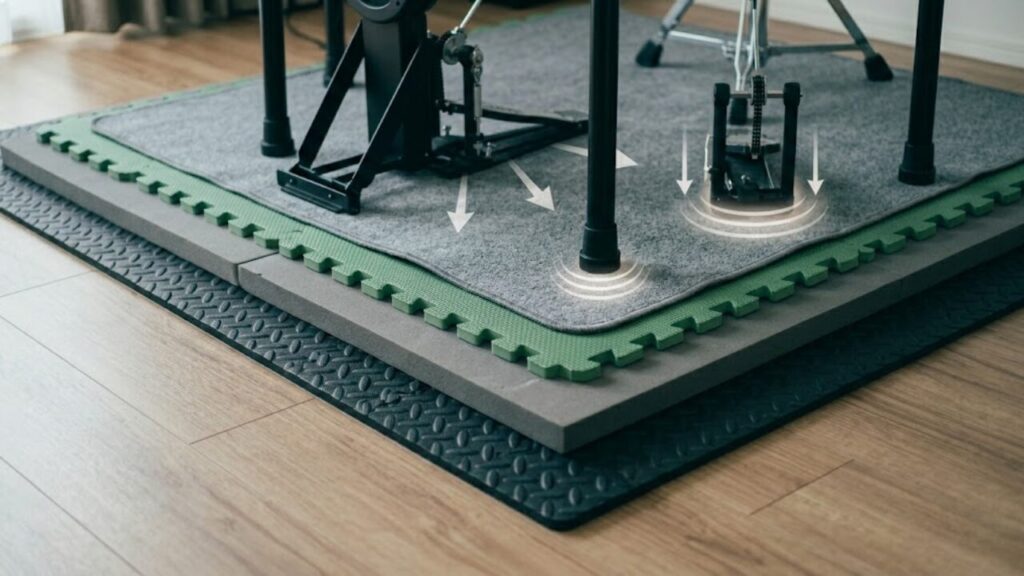 電子ドラムの下に敷かれた、複数の異なる素材を重ね合わせた多重防振マット積層システムの拡大写真。衝撃を吸収・分散させ、階下への固体伝播音を劇的に軽減する仕組みを視覚化。